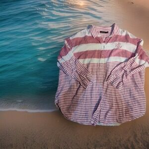 Women's Pink White 3X Lauren Ralph Lauren Long Sleeve Loose Fit Shirt Big Logo